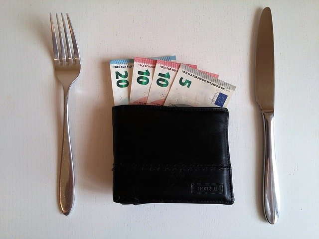 Wallet with money, cutlery at the sides. Tips for Living Abroad Image by Peter Stanic from Pixabay