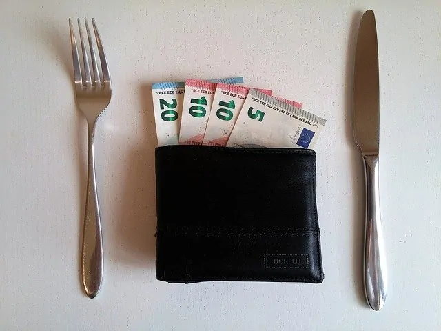 Wallet with money, cutlery at the sides. Tips for Living Abroad Image by Peter Stanic from Pixabay