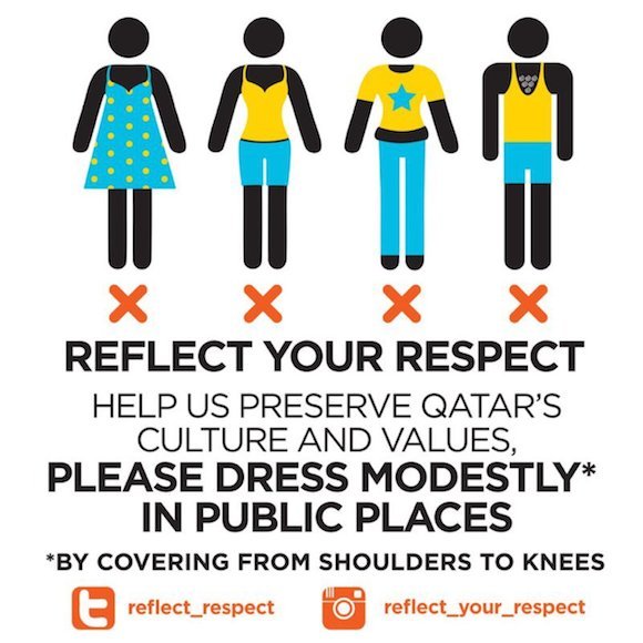 Type of flyer that you may find in Qatar orientating visitors about the dress code when visiting as a woman.
