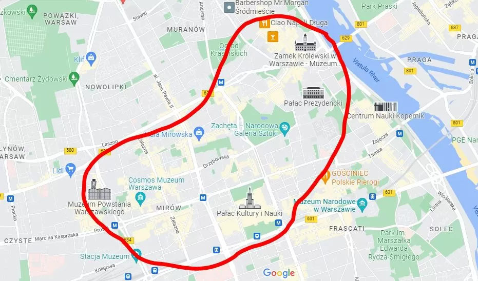 To make the best of time, if you are exploring Warsaw in one day, focus on the area inside this red circle. (Map from Google Maps).