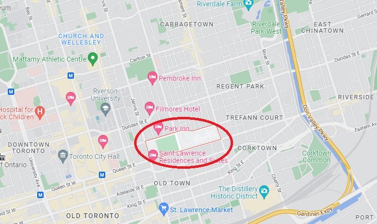Map of Moss Park, one of the places to avoid in Toronto (at least during the night).