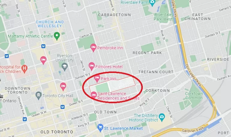 Map of Moss Park, one of the places to avoid in Toronto (at least during the night).