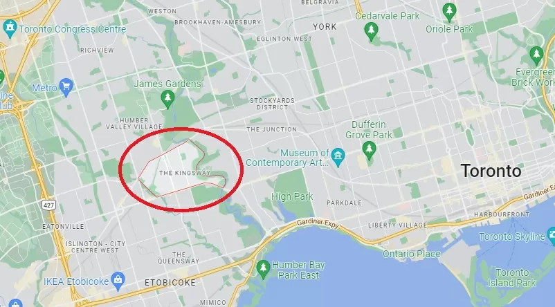 Map of The Kingsway, one of the safest neighborhoods in Toronto.