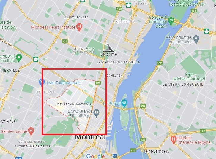 Map of Plateau Mont-Royal. the best place to stay in Montreal for families and couples. Source: Google Maps.