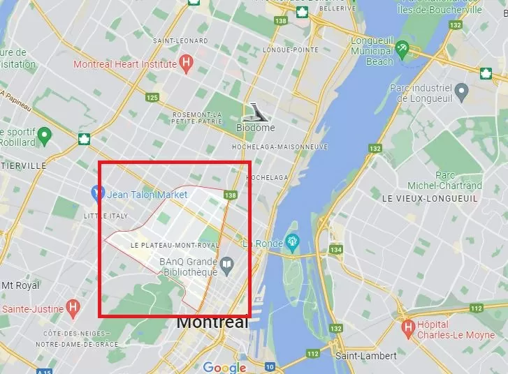 Map of Plateau Mont-Royal. the best place to stay in Montreal for families and couples. Source: Google Maps.