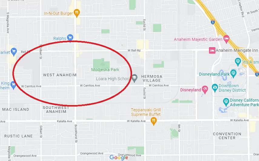 West Anaheim is not among the safest parts of the city. Source of the image: Google Maps.
