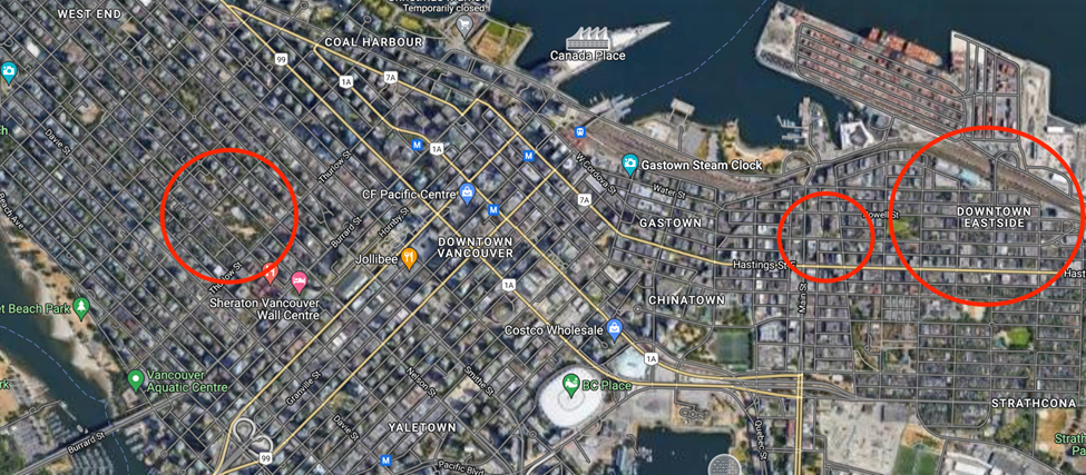In the red circle, some bad areas of Vancouver. Source: Google Maps