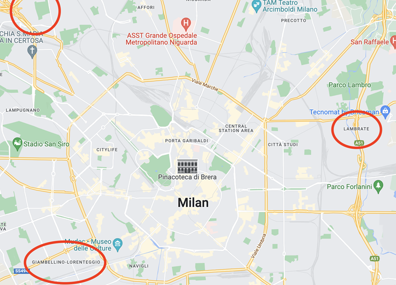 Map of areas to avoid in Milan, inside the red circles. Source: Google Maps
