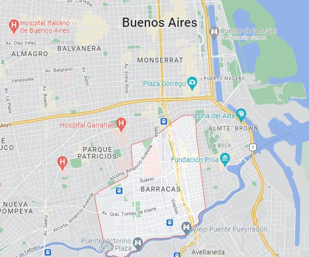 Barracas, a district at the west of the famous La Boca, has the 2nd highest crime rate in Buenos Aires. (Image from Google Maps).