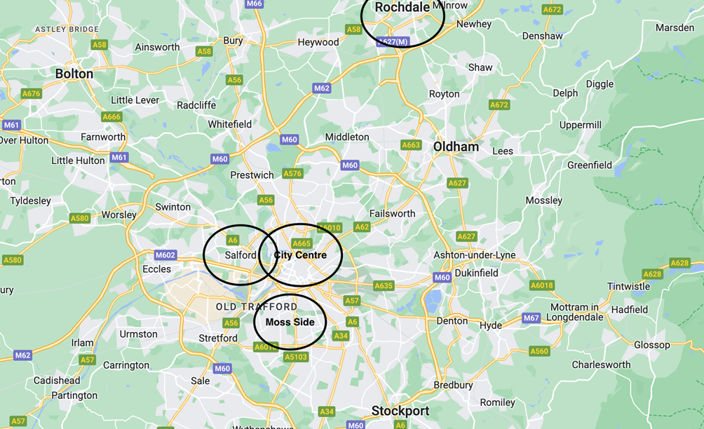 Map by Google Maps wiith the areas in Manchester with a high crime rate. 