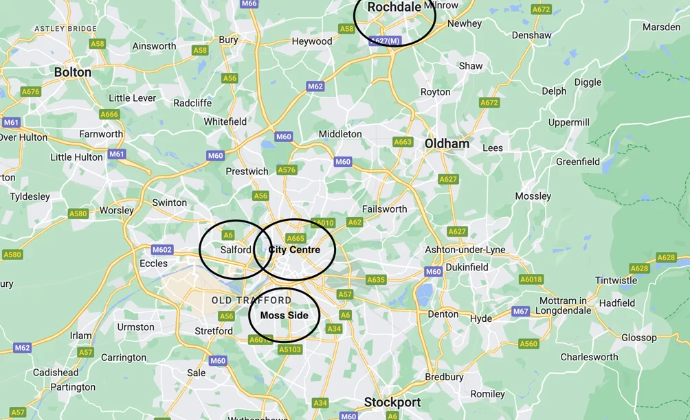 Map by Google Maps wiith the areas in Manchester with a high crime rate. 