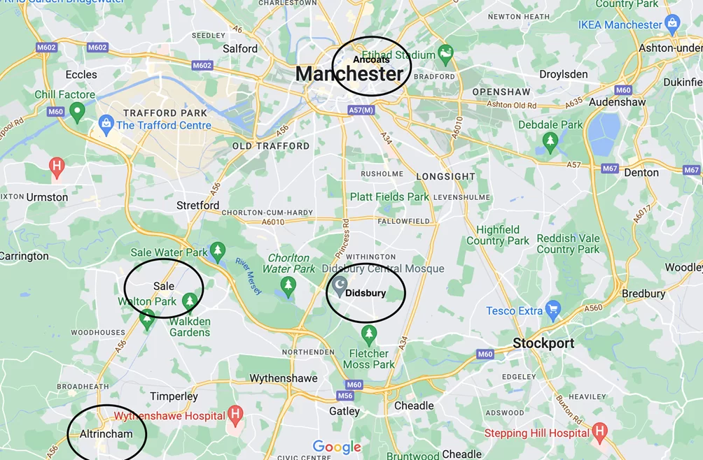 Map by Google Maps of thehe safest areas in Manchester. 