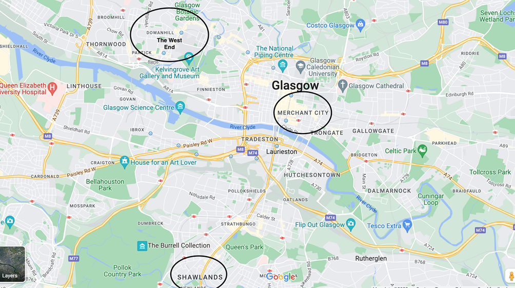 The best neighbourhoods in Glasgow. Map by Google Maps.