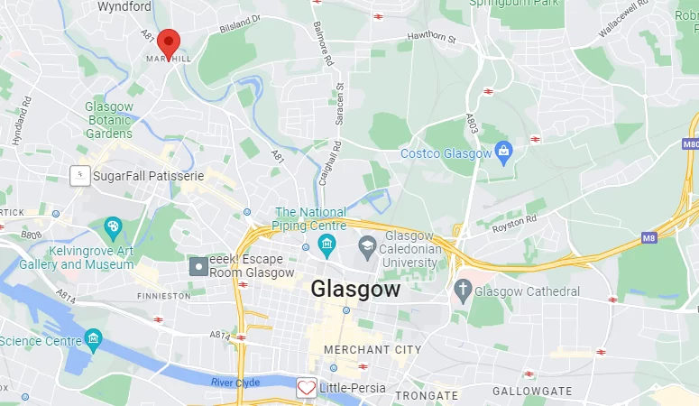 Maryhill, marked by the red pin on the map, a place not very safe in Glasgow, Scotland. Map by Google Maps.