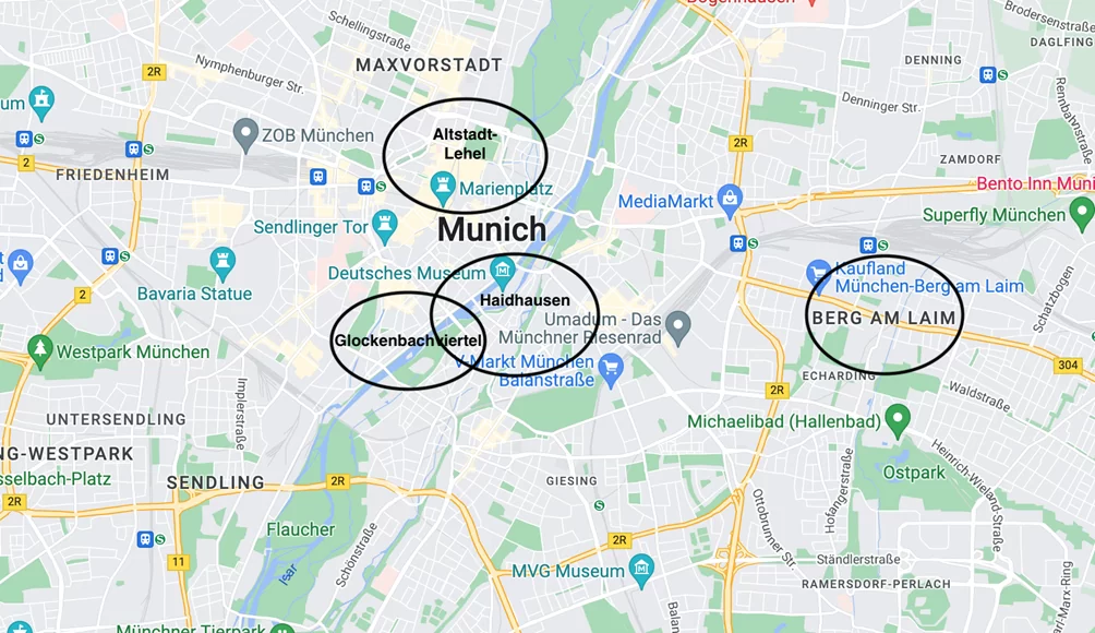 Map of The Best Areas to Stay in Munich