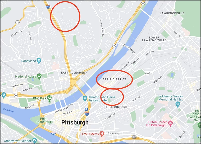 Areas to Avoid in Pittsburgh, PA. Map by Google Maps