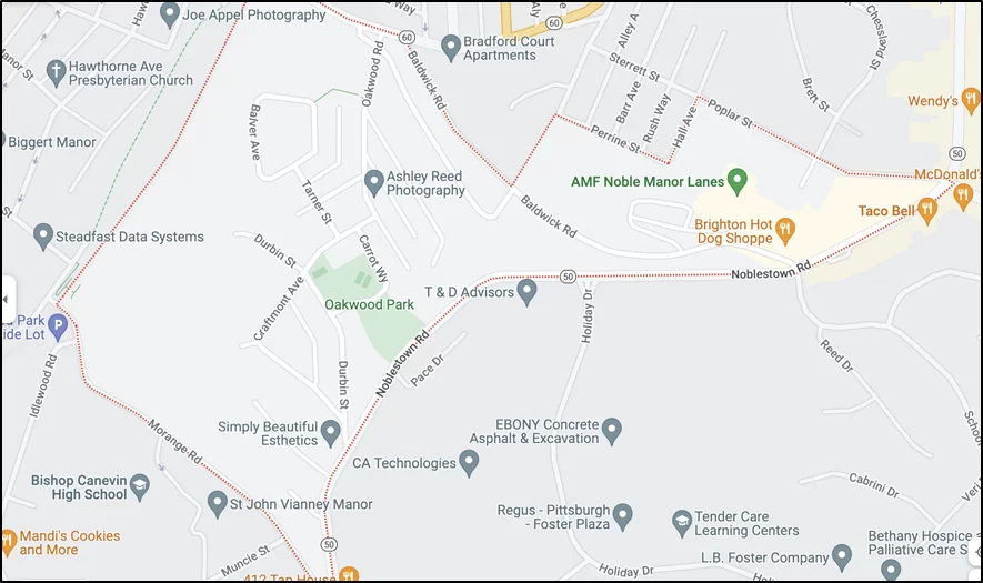 Map pointing Oakwood, a safe district in Pittsburgh. Map by Google Maps