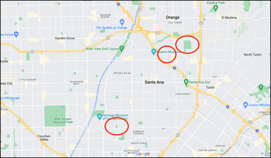 Relatively bad areas of Santa Ana, CA, in terms of safety. Source: Google Maps