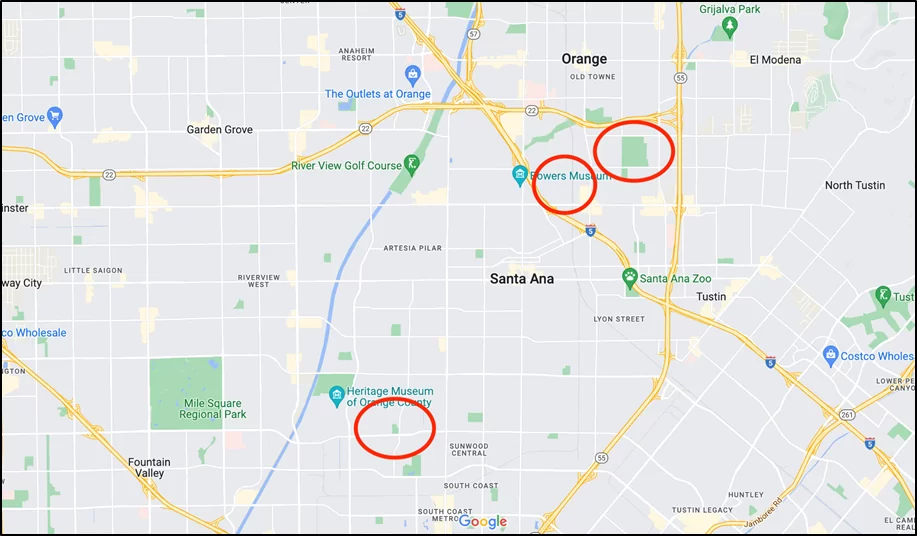 Relatively bad areas of Santa Ana, CA, in terms of safety. Source: Google Maps