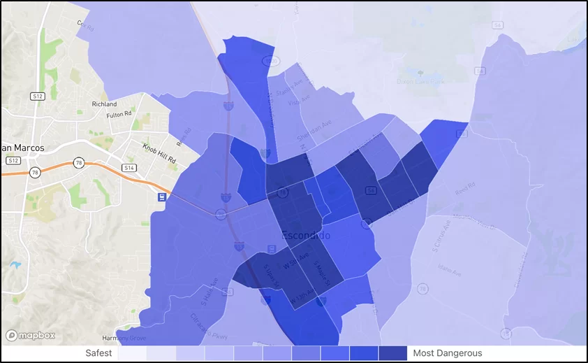 Map of the relatively bad areas of Escondido, California. Source: Neighborhood Scout