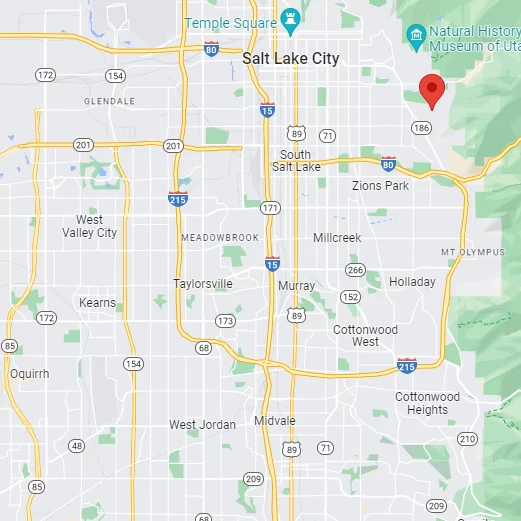 Map pointing East Bench (red pin on the map), which is one of the safest neighborhoods of Salt Lake City
