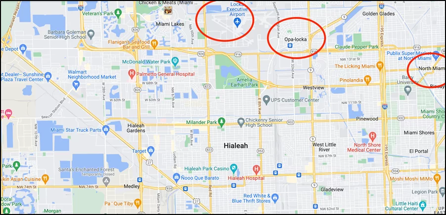 Map marking the bad neighborhoods in Hialeah. In these places, the answer to Is Hialeah Safe would likely be… not really. Map by Google Maps