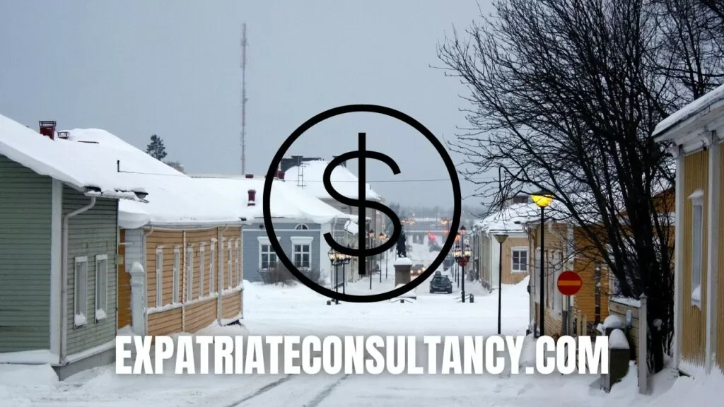 Snowy city in Finland and the sign of a dollar.