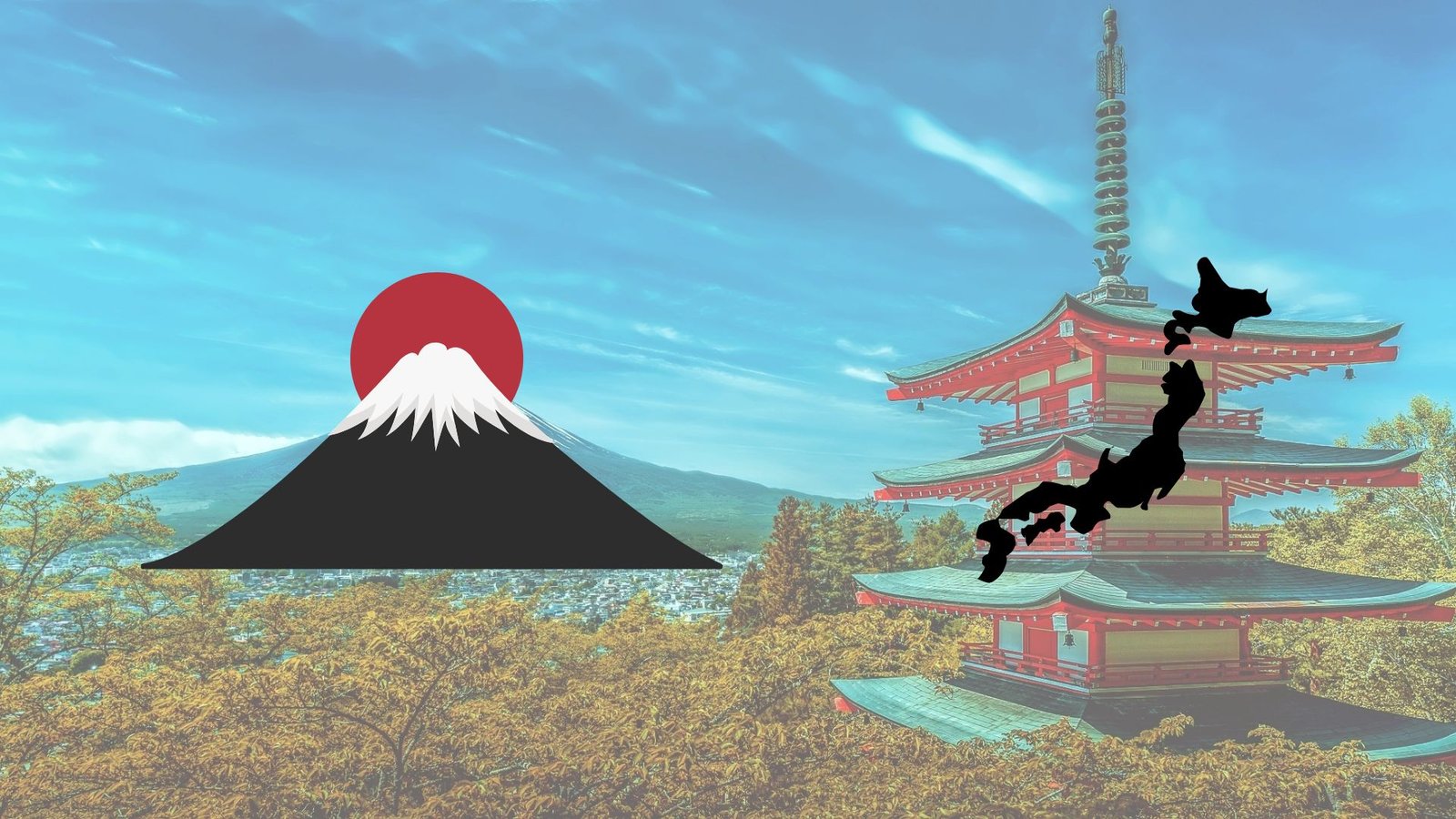 Mountain, map of Japan and background of Japanese landscape. Image for article about japanese visa for digital nomads