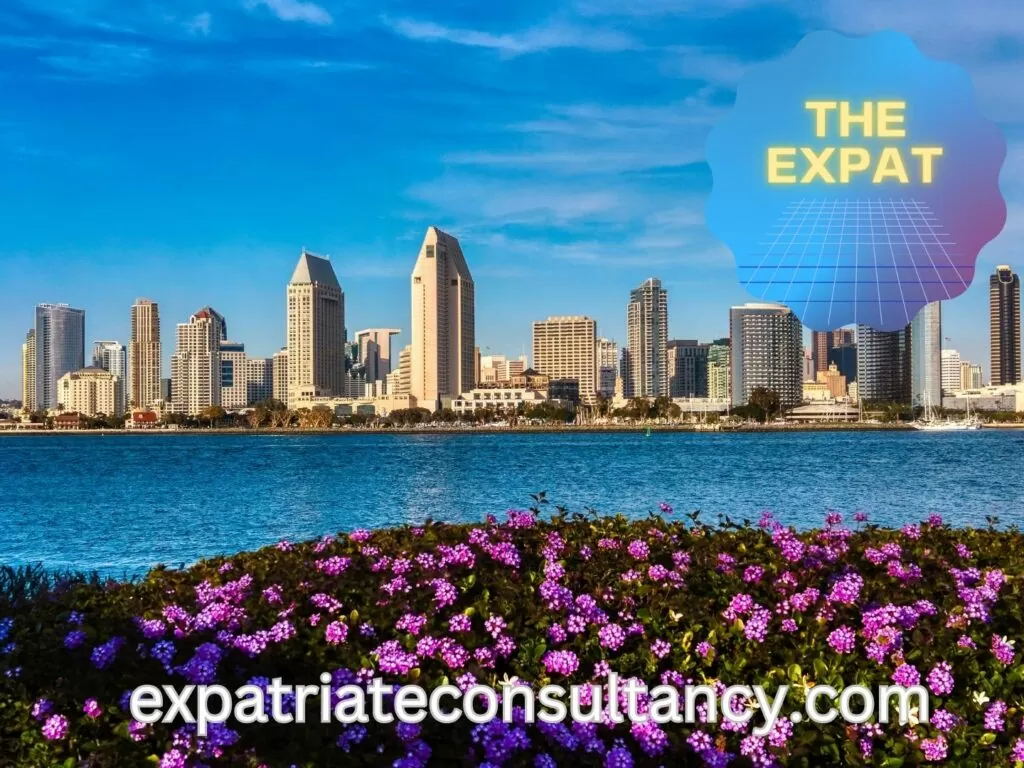 San Diego skyline with flowers.