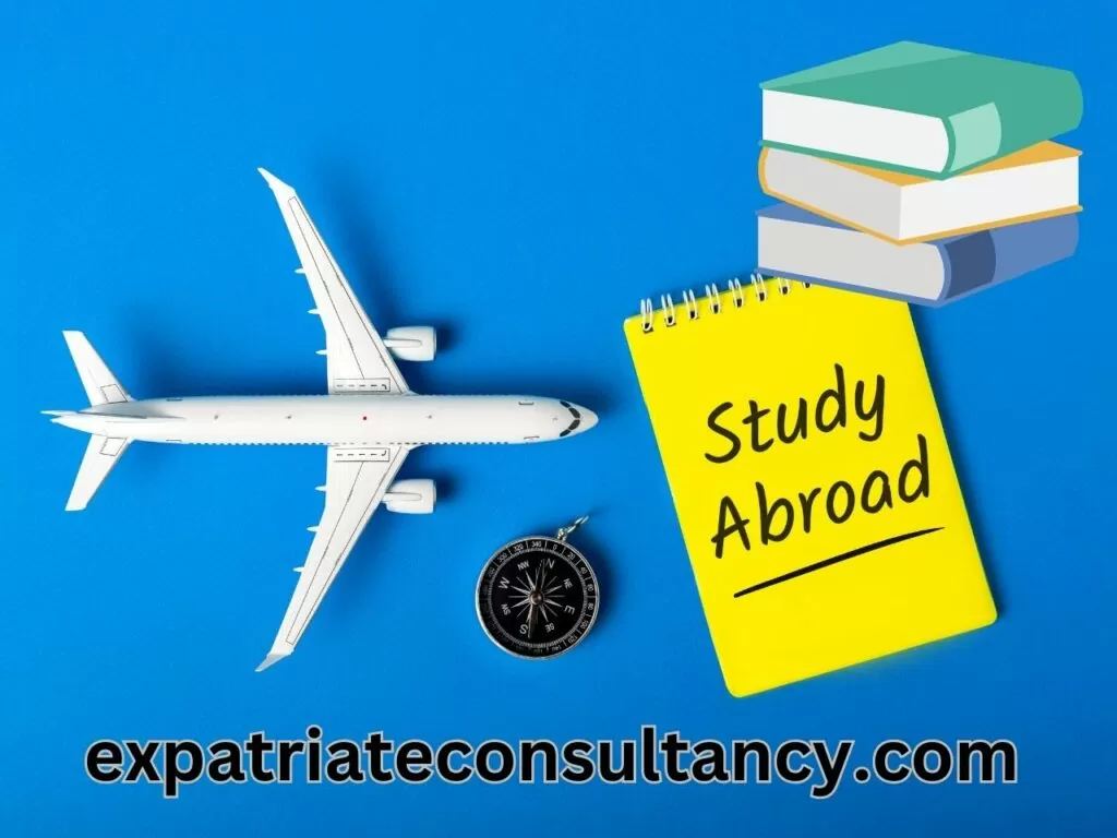 Airplane and books about study abroad.