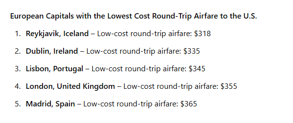 Cheapest Airfares from European capitals to the US.