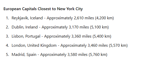 Closest European Capitals to NYC