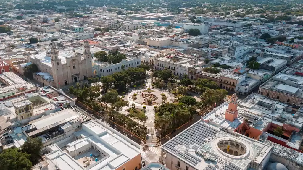 Stunning aerial view of Plaza Grande in Mérida, showcasing its beautiful architecture and vibrant urban landscape.