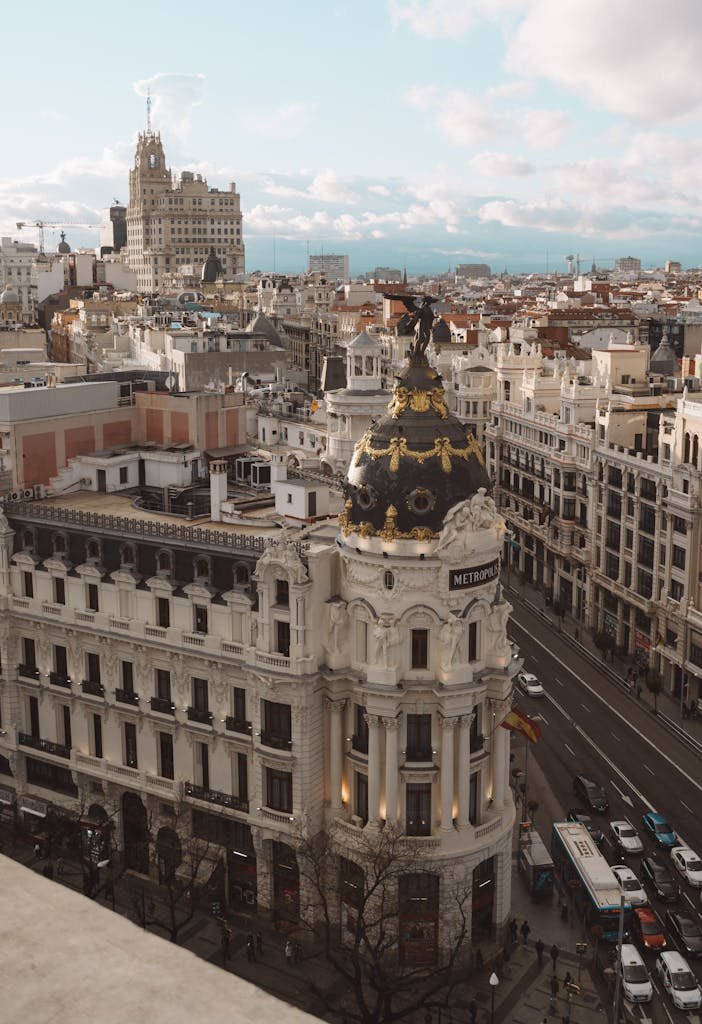 Aerial view of Madrid's Gran Via featuring the historic Metropolis Building.